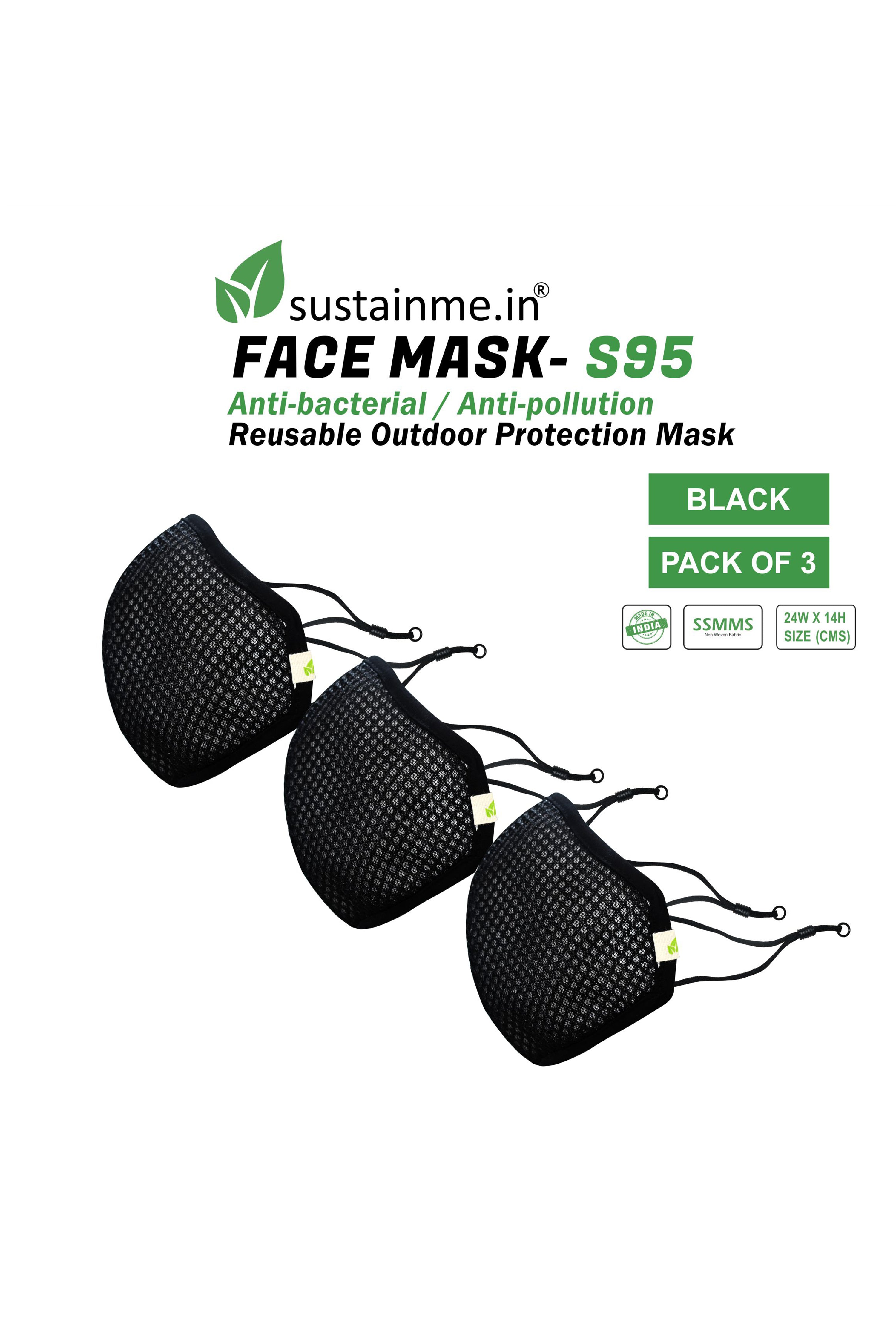 Face Mask - Reusable | Antibacterial | Anti Pollution - S95 Pk Of 3 - Black