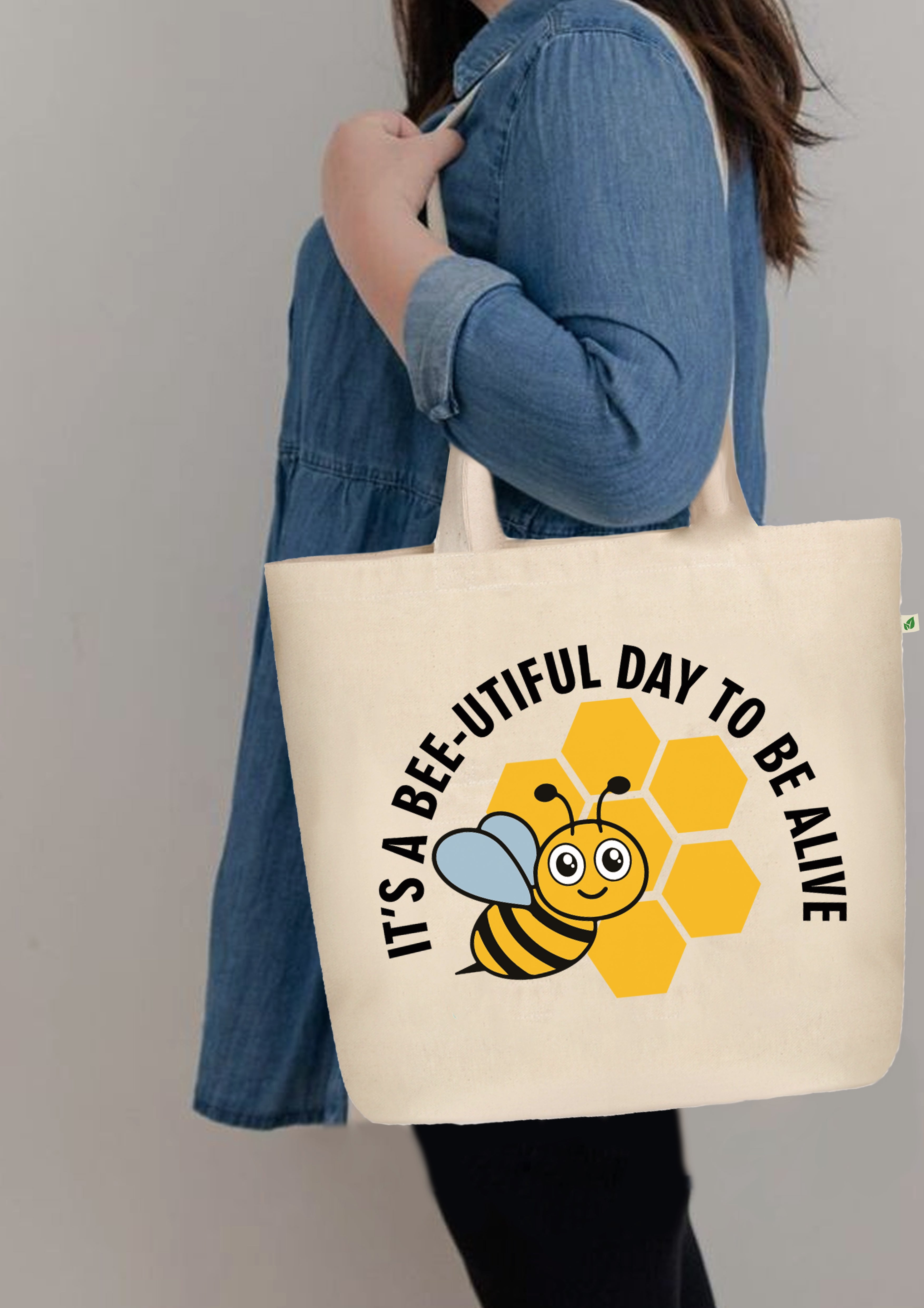 LARGE ZIPPER TOTE BAG BEIGE - BEE-TIFUL — image 2