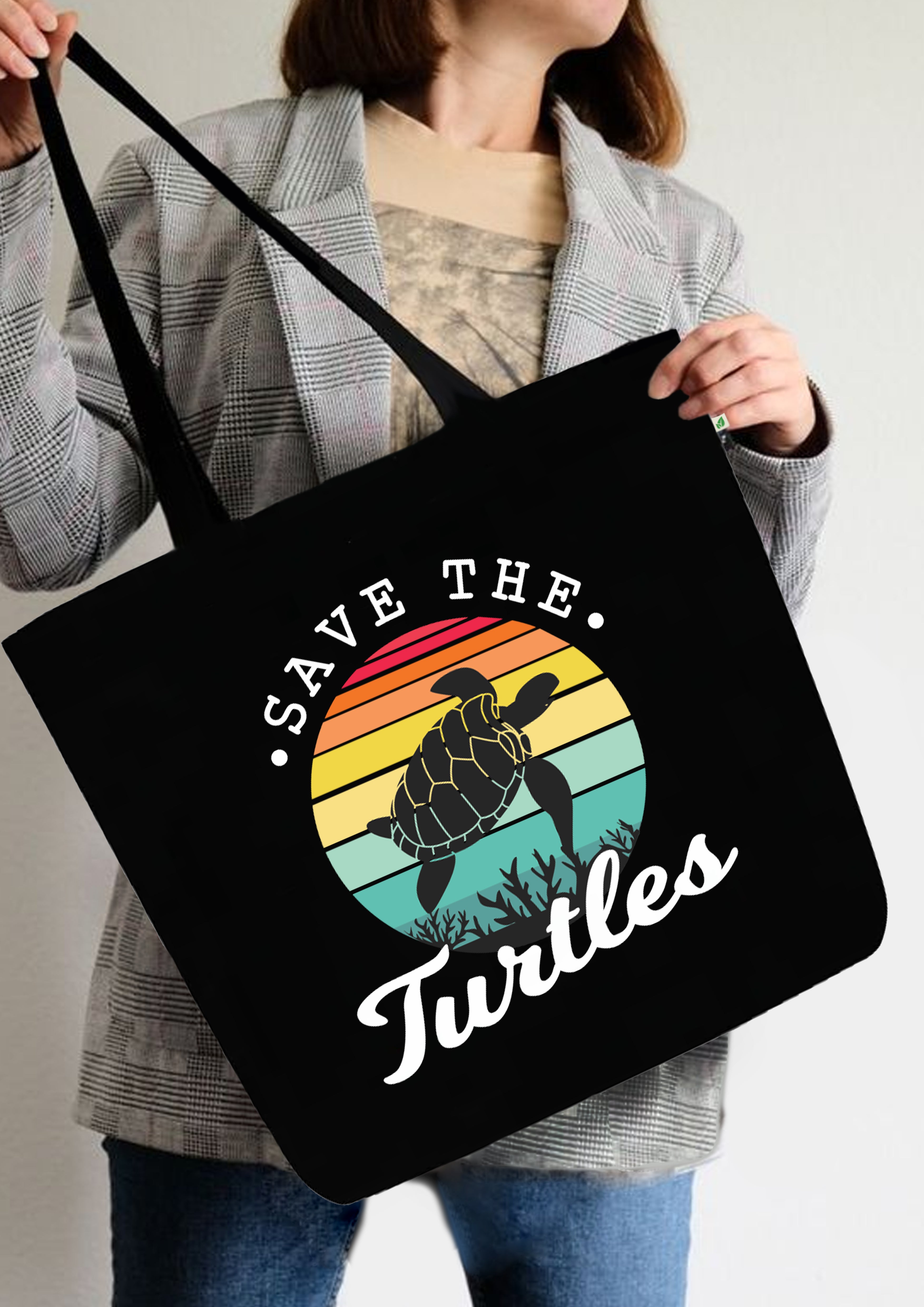 Large Zipper Tote Bag Black - Save the turtles — image 2