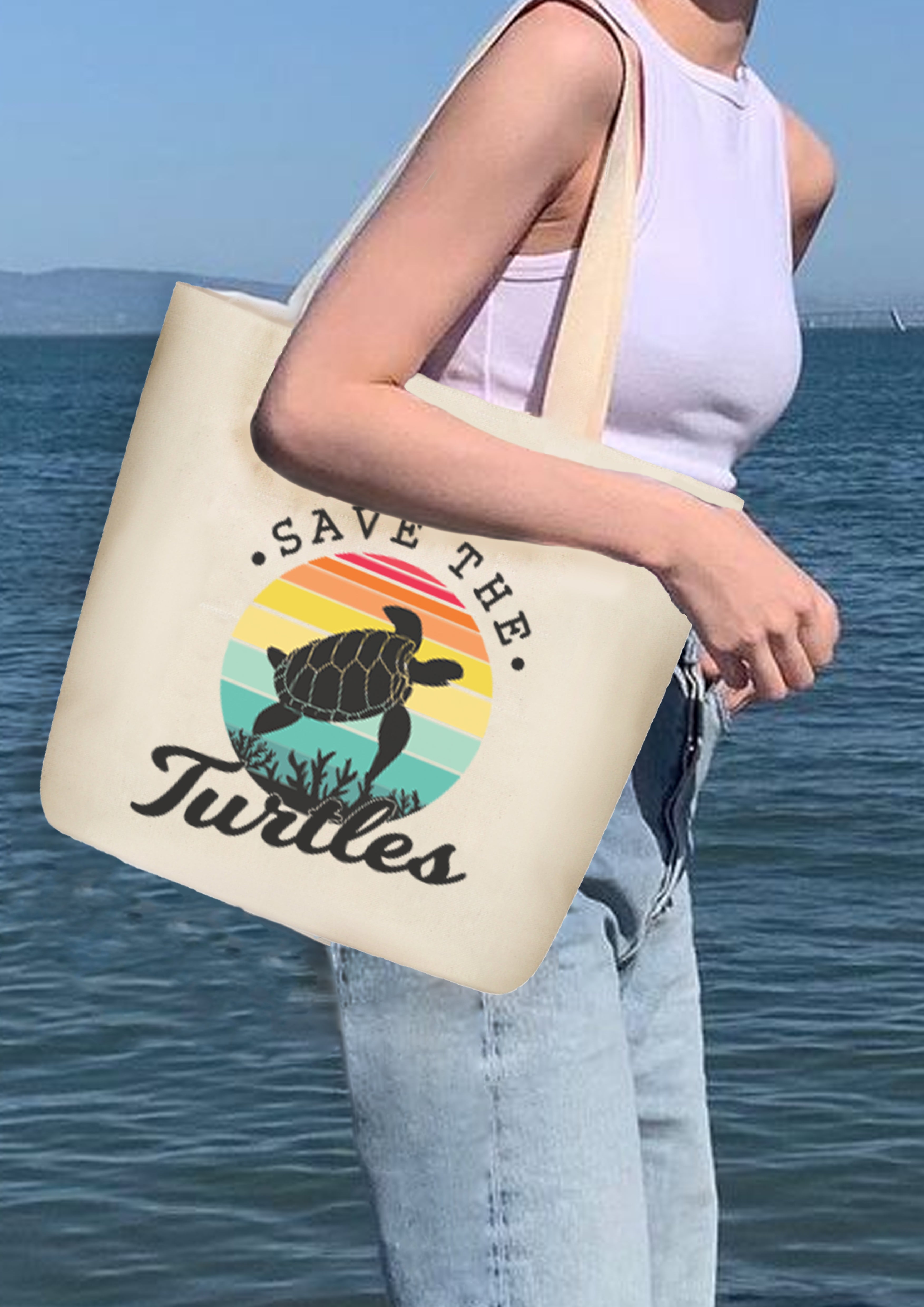 LARGE ZIPPER TOTE BAG BEIGE - SAVE the turtles — image 2