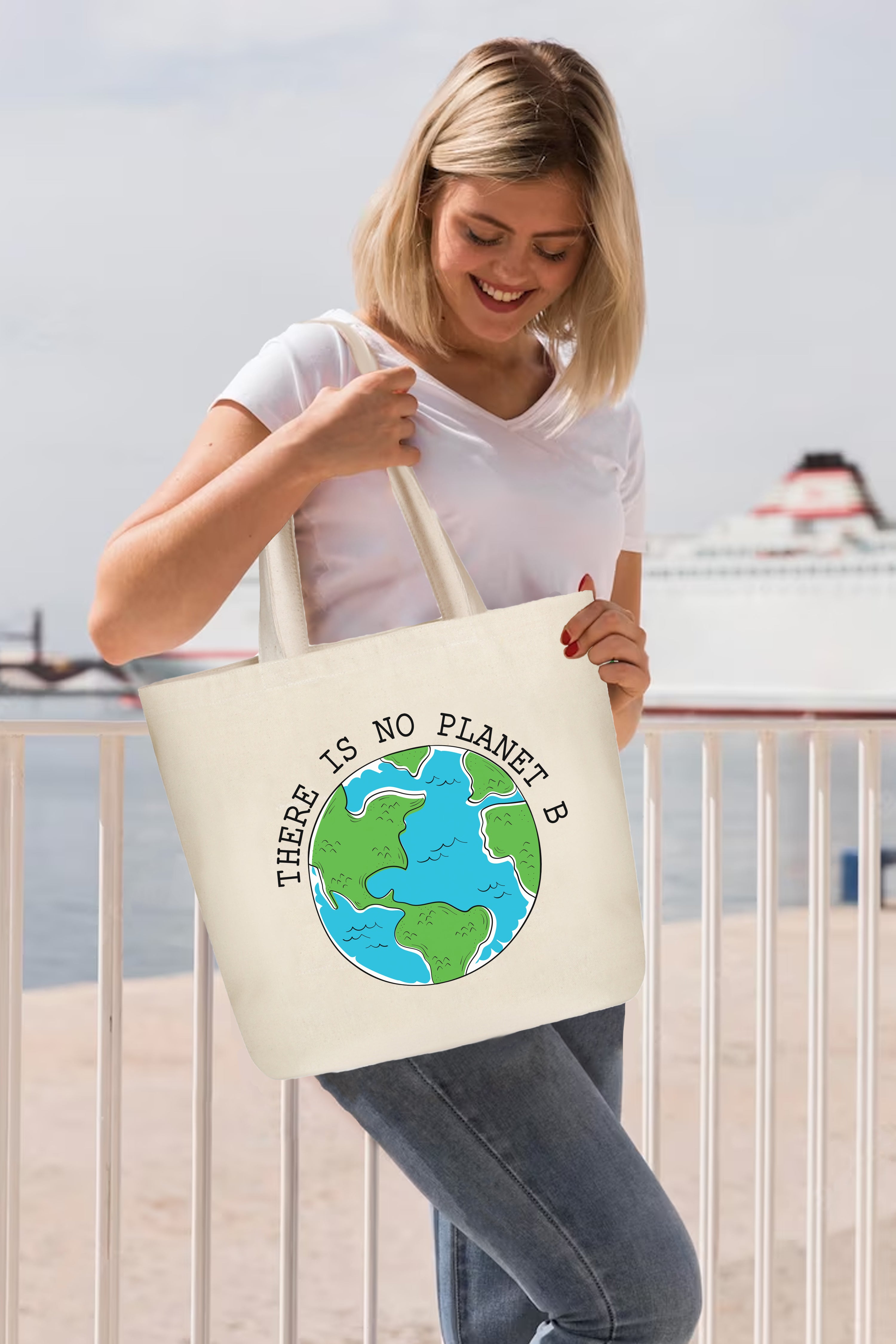 LARGE ZIPPER TOTE BAG BEIGE - There is no planet B — image 2