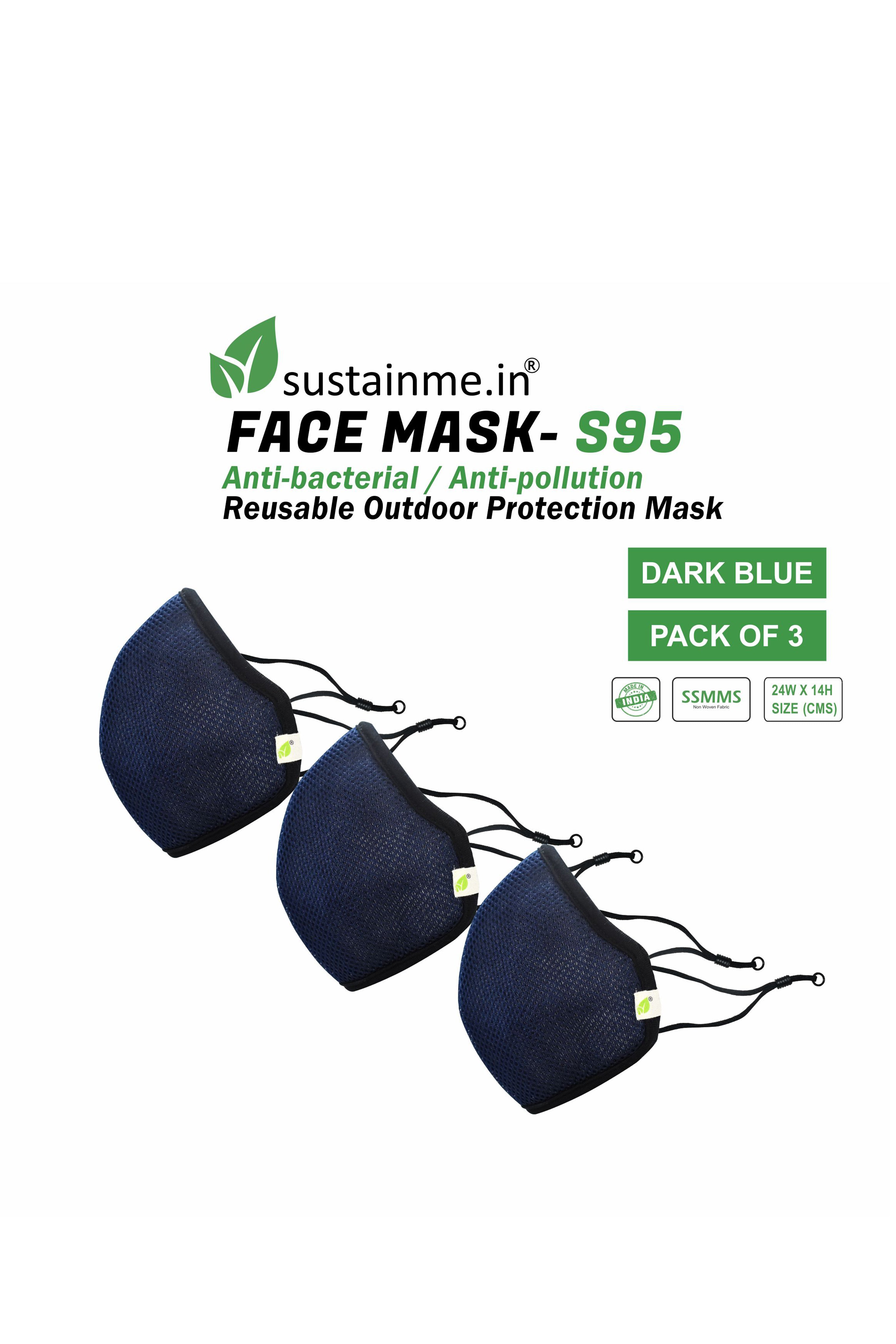 Face Mask - Reusable | Antibacterial | Anti Pollution - S95 Pk Of 3 - Dark Blue