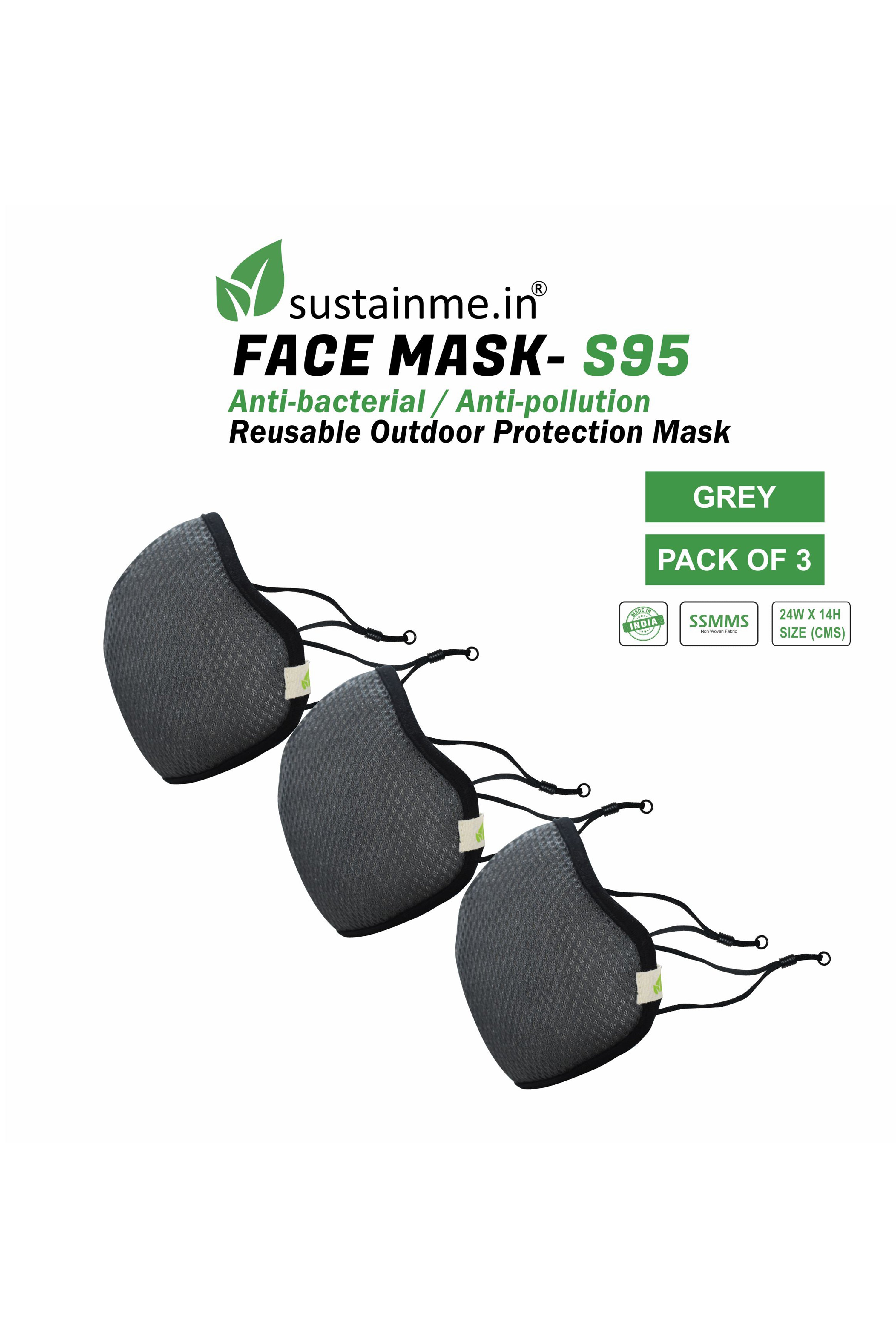 Face Mask - Reusable | Antibacterial | Anti Pollution - S95 Pk Of 3 - Grey
