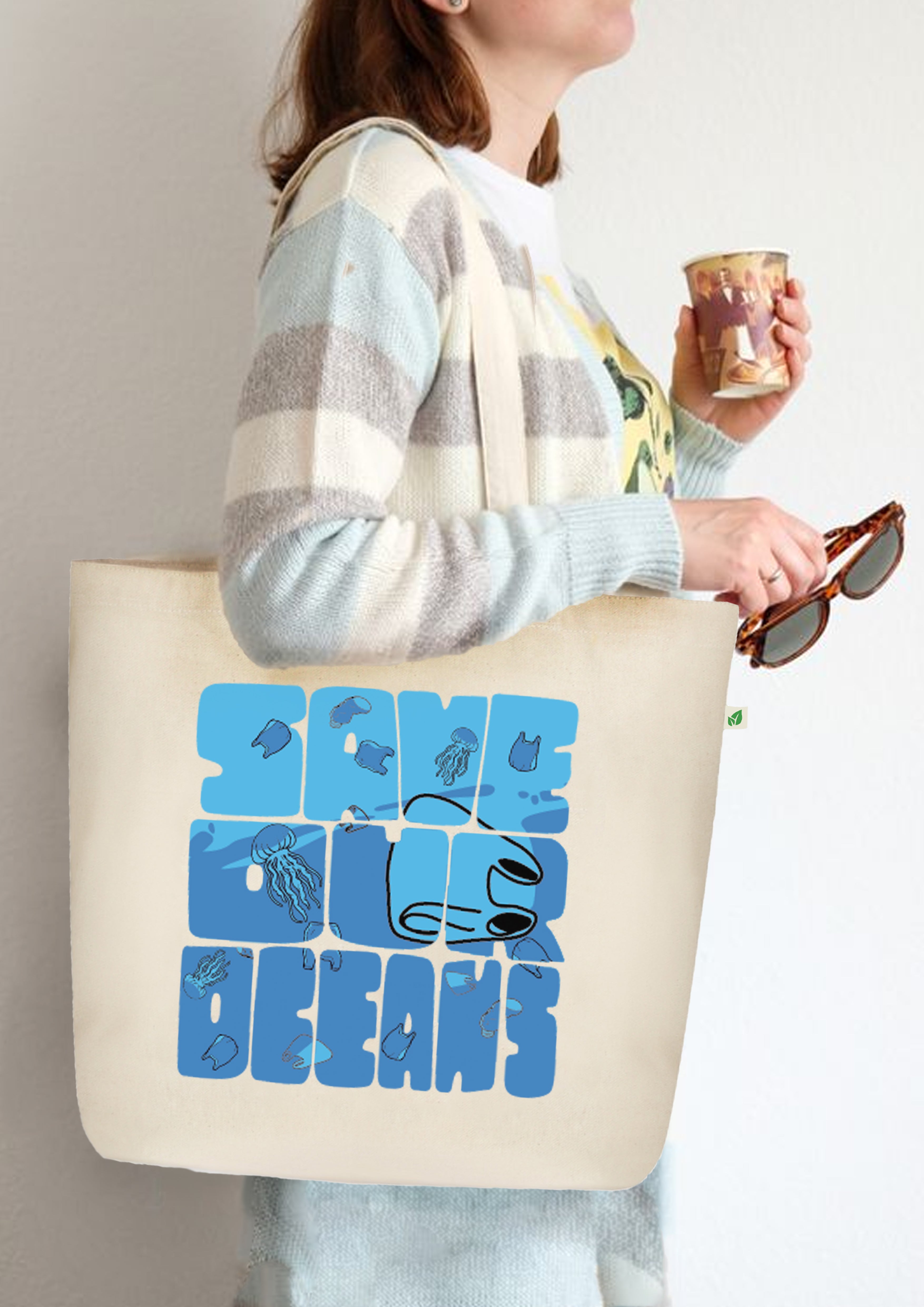 LARGE ZIPPER TOTE BAG BEIGE - SAVE OUR OCEANS — image 2